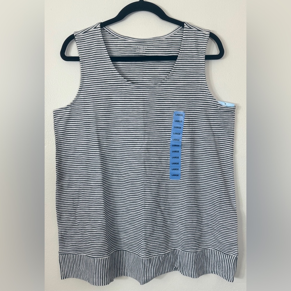 Lands' End Black and White Stripes Boxy Split Hem Tank Top Relaxed Fit SKU0297